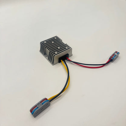 12V to 15V DC-DC converter with finned metal housing and wired connectors