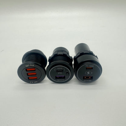Front view of the triple USB-A, 65W USB-C PD and 100W USB-C PD chargers