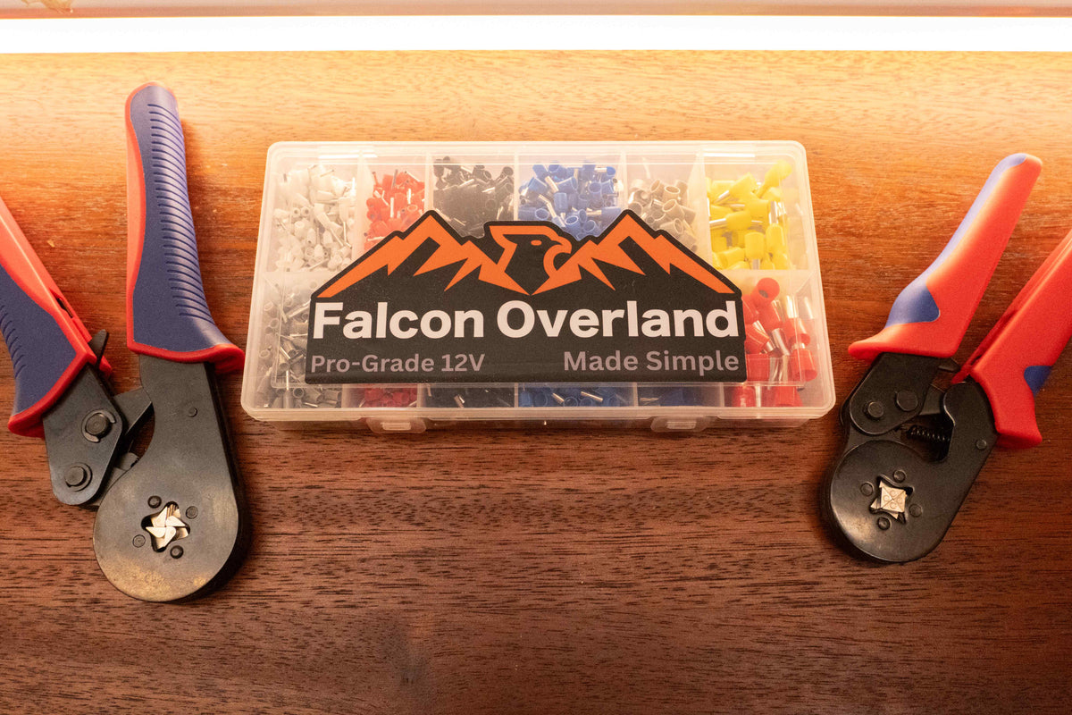 Bootlace ferrule kit in a Falcon Overland storage box with two crimping tools