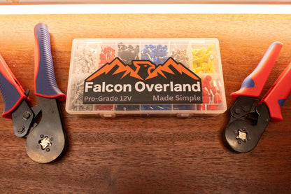 Bootlace ferrule kit in a Falcon Overland storage box with two crimping tools