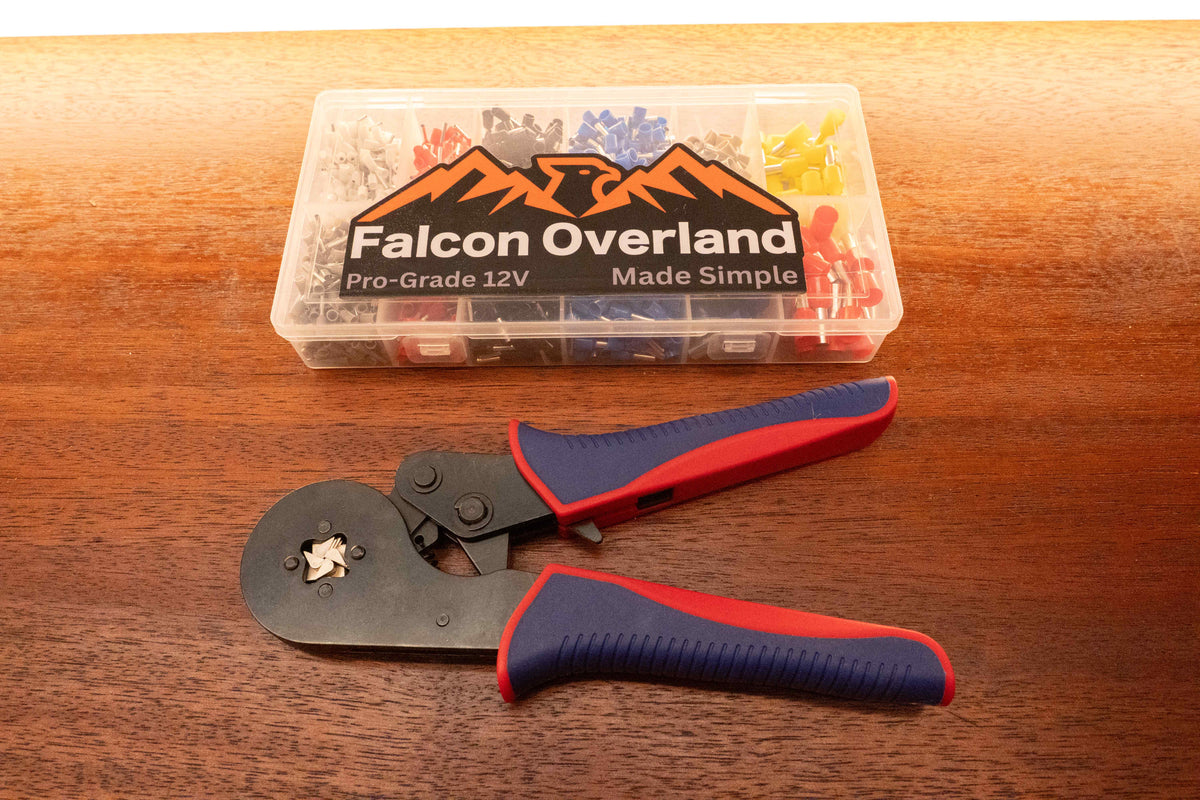 Bootlace ferrule storage box with a crimping tool showing blue grips and open handles
