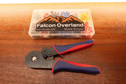 Bootlace ferrule storage box with a crimping tool showing blue grips and open handles