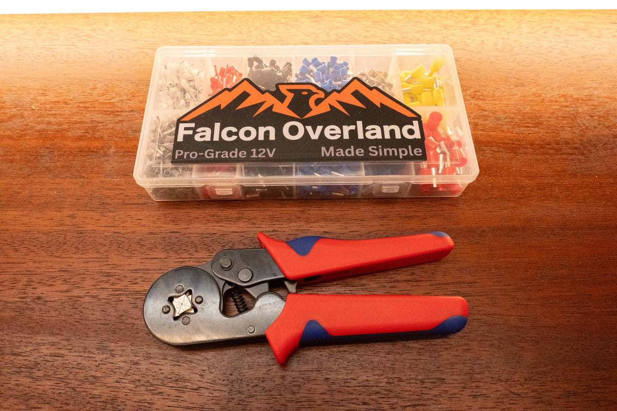 Bootlace ferrule storage box with a red-handled crimping tool