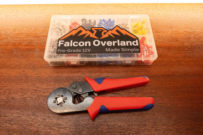 Bootlace ferrule storage box with a red-handled crimping tool