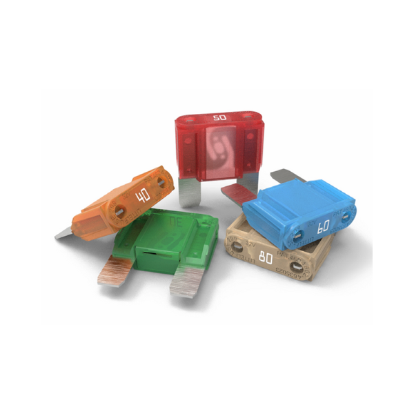 Assorted Bussmann MAXI blade fuses in orange, green, red, blue and tan