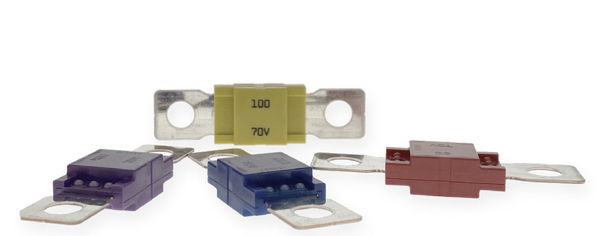 Bussmann MEGA AMG bolt-down fuses in four colours with mounting holes visible