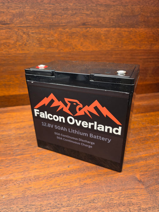 Falcon Overland 12V 50Ah LiFePO4 lithium battery showing the front label and terminal posts.
