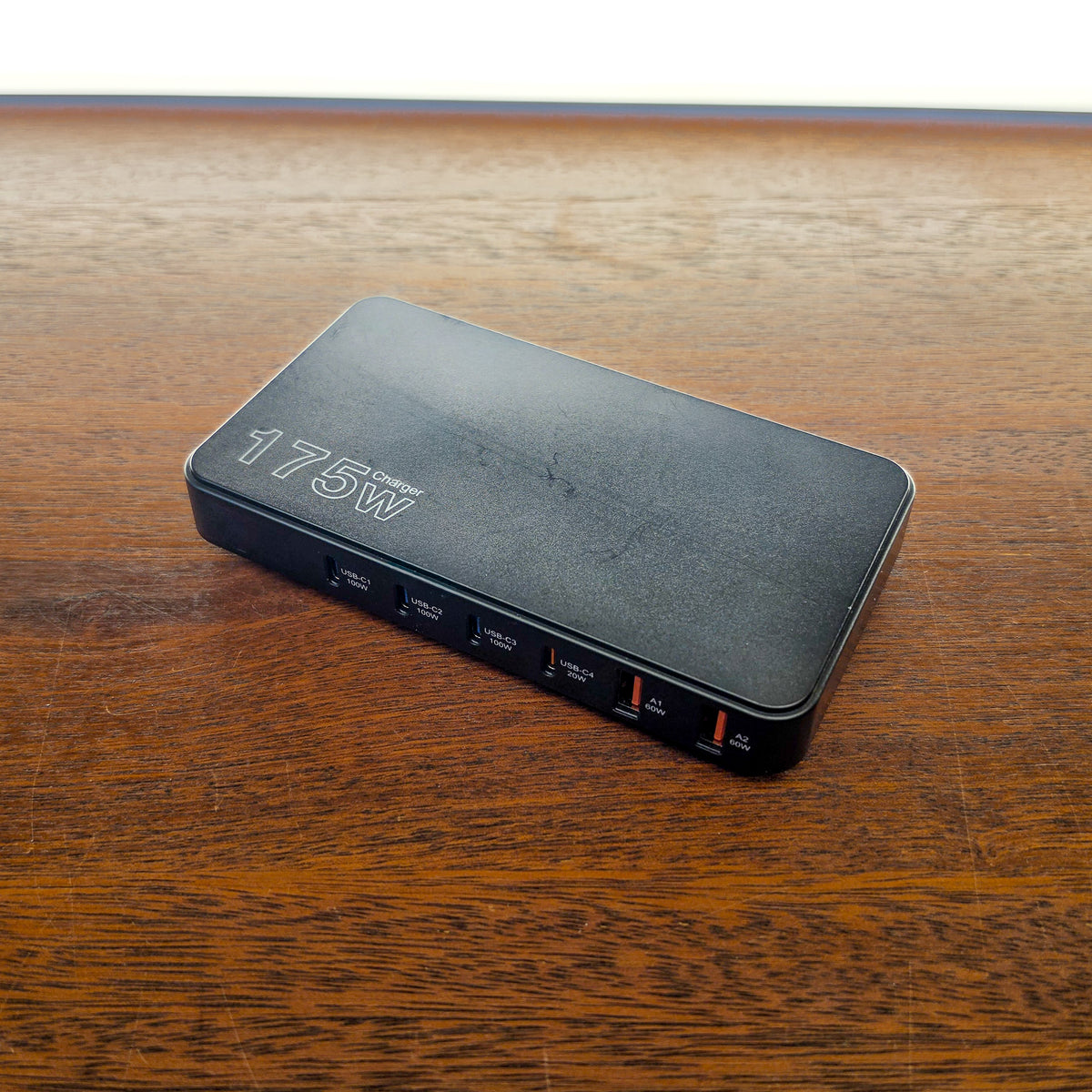 Falcon Overland 175W USB charging hub in an angled view, showing four USB-C ports and two USB-A ports.