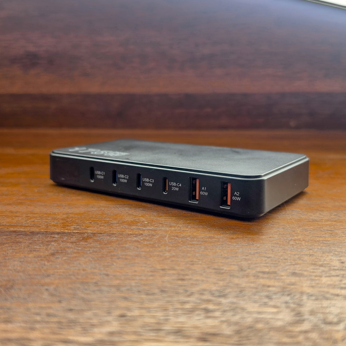 Front view of the Falcon Overland 175W USB charging hub, showing labelled USB-C and USB-A charging ports.