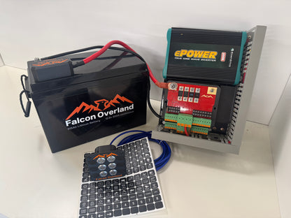 Overview of the Falcon pre-wired 12V electrical board with inverter and fused distribution hub, shown beside a battery and switch panel