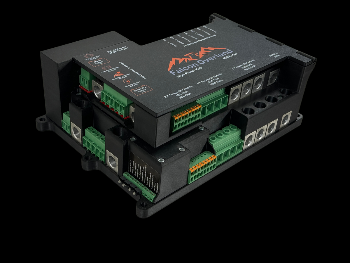 Giga Power Hub 12V power distribution system viewed from above, showing green connectors and terminal blocks