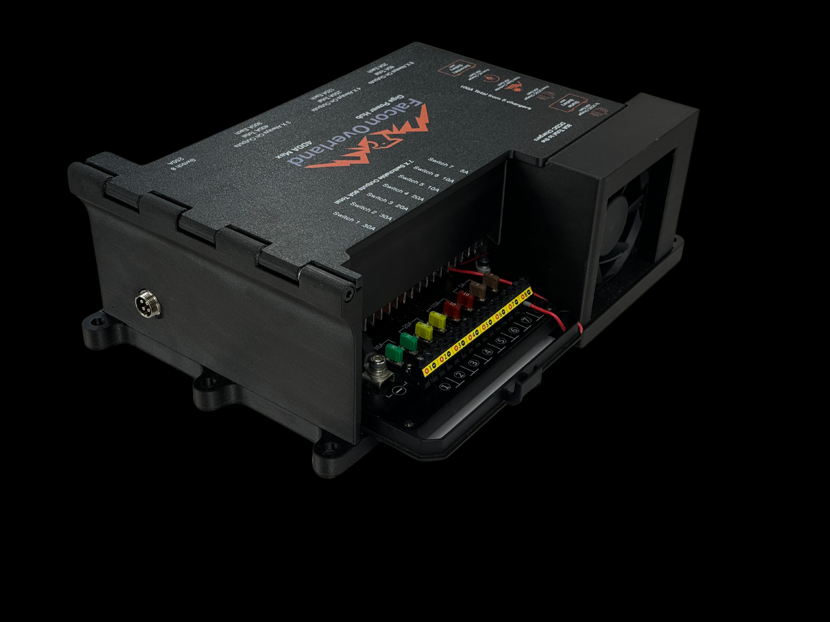 Giga Power Hub 12V power distribution system angled side view with exposed fuse bank and cooling fan