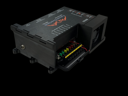 Giga Power Hub 12V power distribution system angled side view with exposed fuse bank and cooling fan