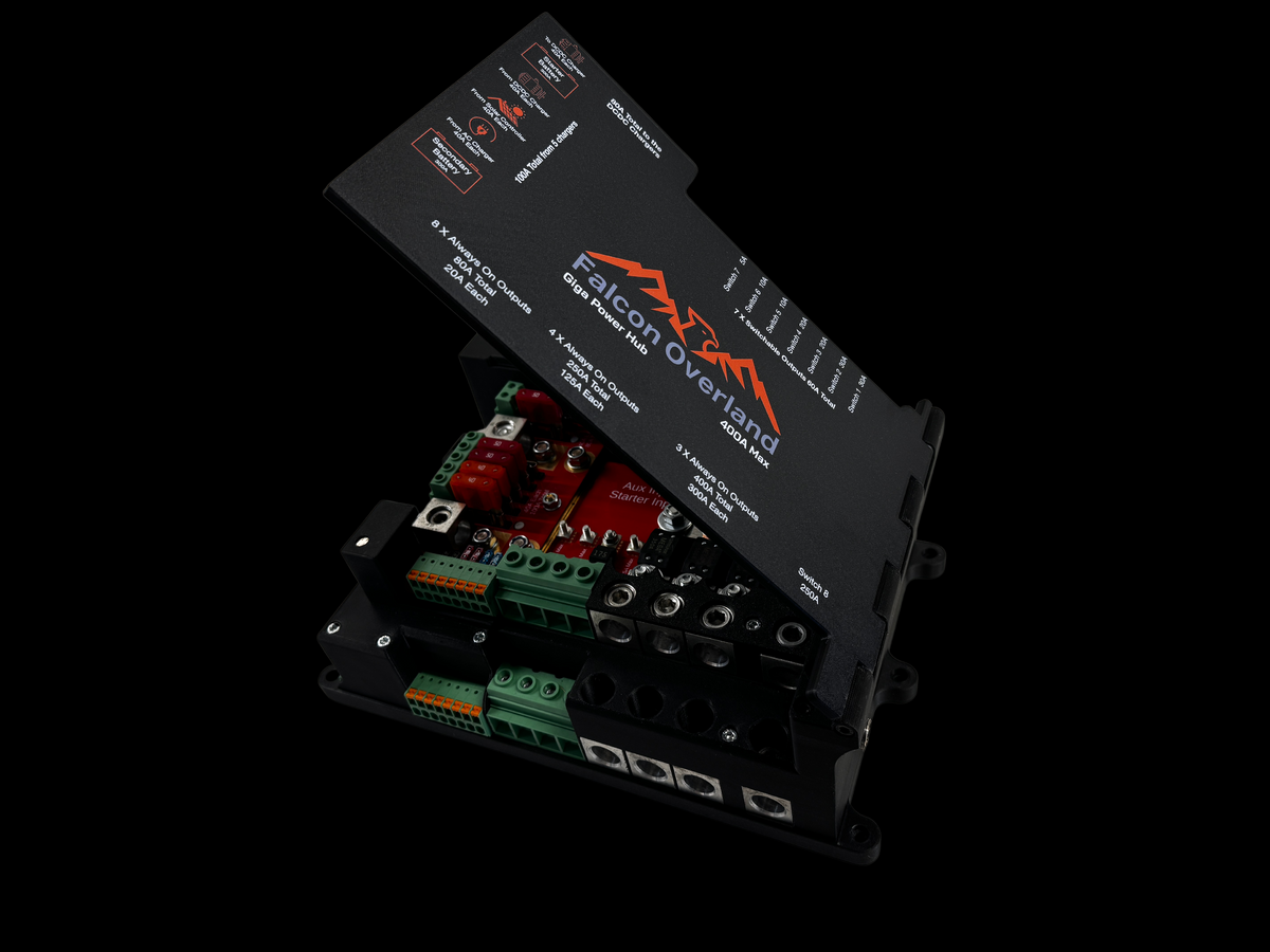 Giga Power Hub 12V power distribution system viewed from above with raised cover and red circuit board visible