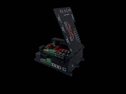 Giga Power Hub 12V power distribution system with hinged cover open, exposing circuit board and terminals
