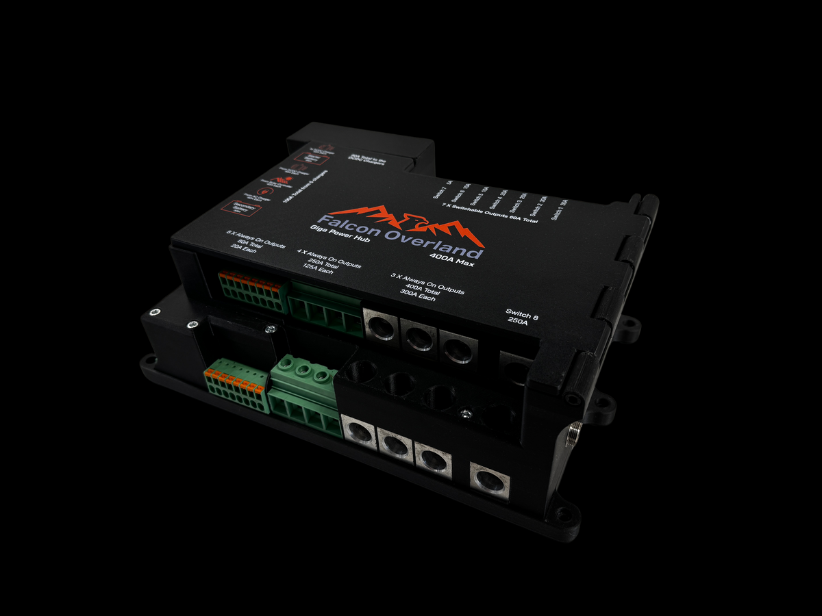 Giga Power Hub 12V power distribution system with labelled top cover and output terminal connections