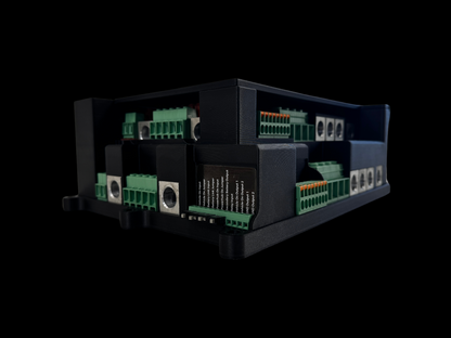 Giga Power Hub 12V power distribution system low side view showing two levels of green connectors and metal terminals