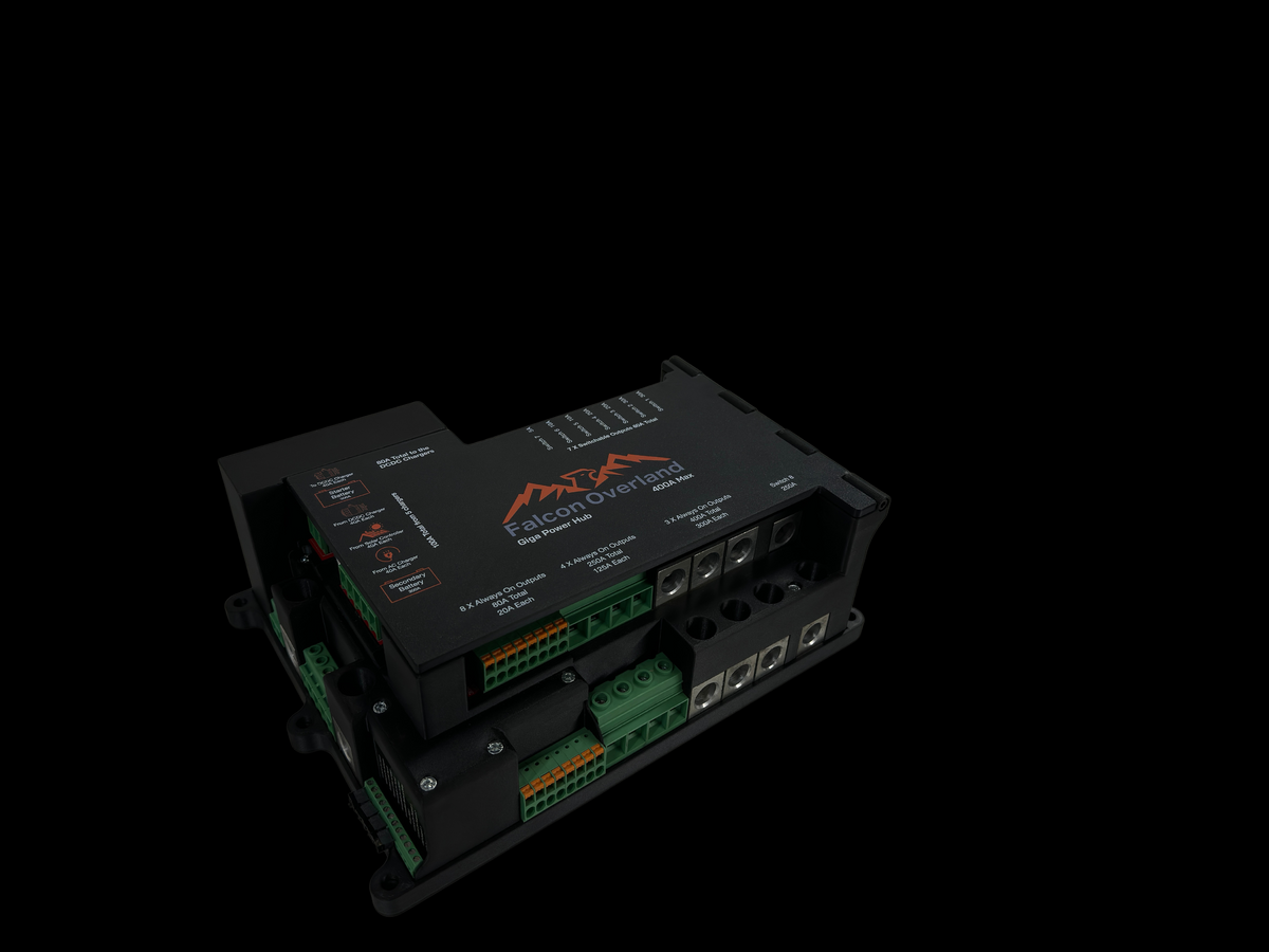 Giga Power Hub 12V power distribution system viewed from the top left with labelled cover and green connectors