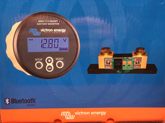 Victron BMV-712 Smart battery monitor packaging showing the digital display, shunt and Bluetooth branding.